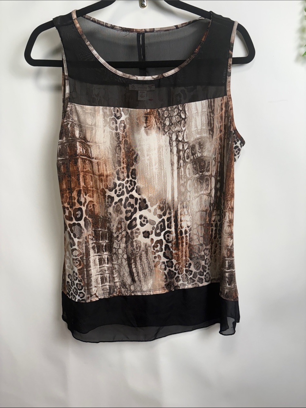 Women's Brown Animal-Print Shell with Black Sheer Trim